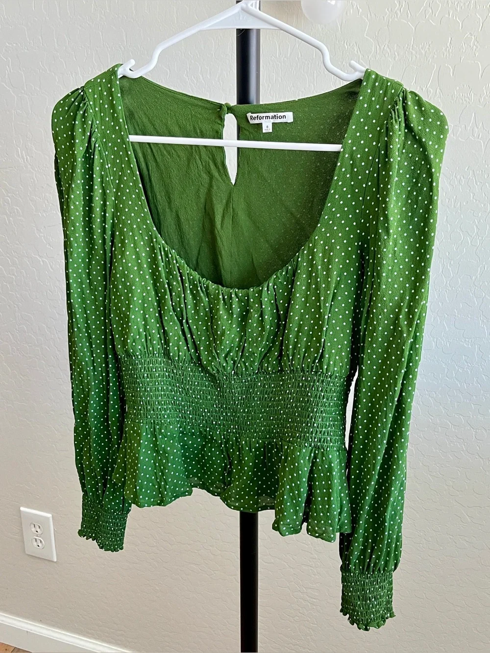 Reformation Hearth Green Polka Dot Smocked Blouse